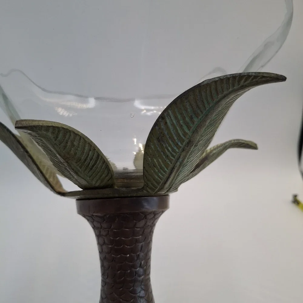 Vintage Brass Palm Tree Glass Compote Bowl Centerpiece Hollywood Regency 80s